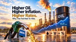 Higher oil prices, inflation, and interest rates illustrated with a diesel pump, oil refinery, rising Treasury yield chart, and the headline “Higher Oil. Higher Inflation. Higher Rates.”