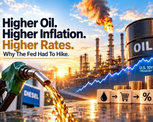 Higher oil prices, inflation, and interest rates illustrated with a diesel pump, oil refinery, rising Treasury yield chart, and the headline “Higher Oil. Higher Inflation. Higher Rates.”