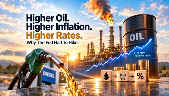 Higher oil prices, inflation, and interest rates illustrated with a diesel pump, oil refinery, rising Treasury yield chart, and the headline “Higher Oil. Higher Inflation. Higher Rates.”