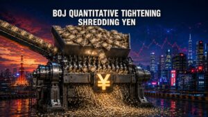 Industrial shredder destroying Japanese yen, symbolizing the Bank of Japan’s quantitative tightening and its risks to global financial markets.
