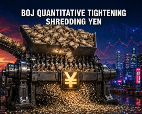 Industrial shredder destroying Japanese yen, symbolizing the Bank of Japan’s quantitative tightening and its risks to global financial markets.