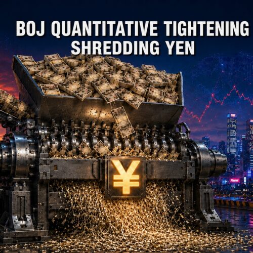 Industrial shredder destroying Japanese yen, symbolizing the Bank of Japan’s quantitative tightening and its risks to global financial markets.