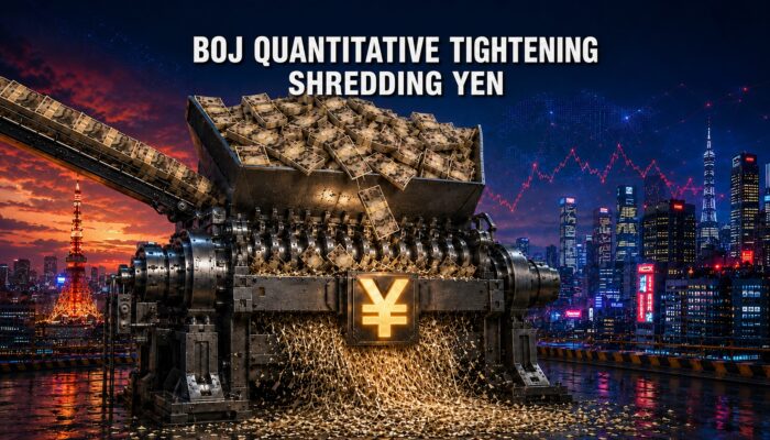 Industrial shredder destroying Japanese yen, symbolizing the Bank of Japan’s quantitative tightening and its risks to global financial markets.
