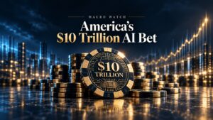 America’s $10 Trillion AI Bet. Gold and black casino chips symbolizing America’s enormous investment in artificial intelligence, against a backdrop of rising financial charts.