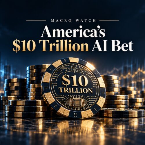 America’s $10 Trillion AI Bet. Gold and black casino chips symbolizing America’s enormous investment in artificial intelligence, against a backdrop of rising financial charts.