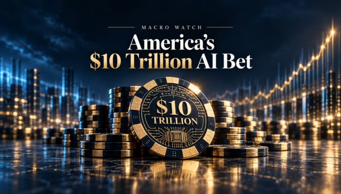 America’s $10 Trillion AI Bet. Gold and black casino chips symbolizing America’s enormous investment in artificial intelligence, against a backdrop of rising financial charts.