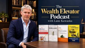 Richard Duncan with his four economics books, promoting The Wealth Elevator Podcast with Lane Kawaoka.