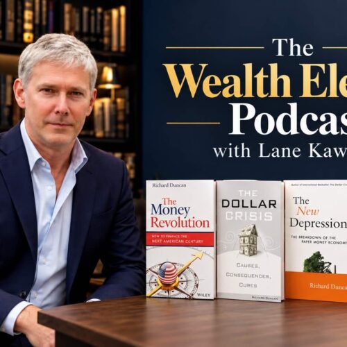 Richard Duncan with his four economics books, promoting The Wealth Elevator Podcast with Lane Kawaoka.